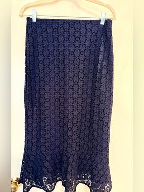 Ann Taylor Navy Crochet Lace Midi Skirt (8P)